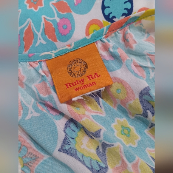 Ruby Rd. Bohemian Top Tassel Tie Neck Colorful Beach Vibe Peasant 3/4 Sleeves - Picture 9 of 10